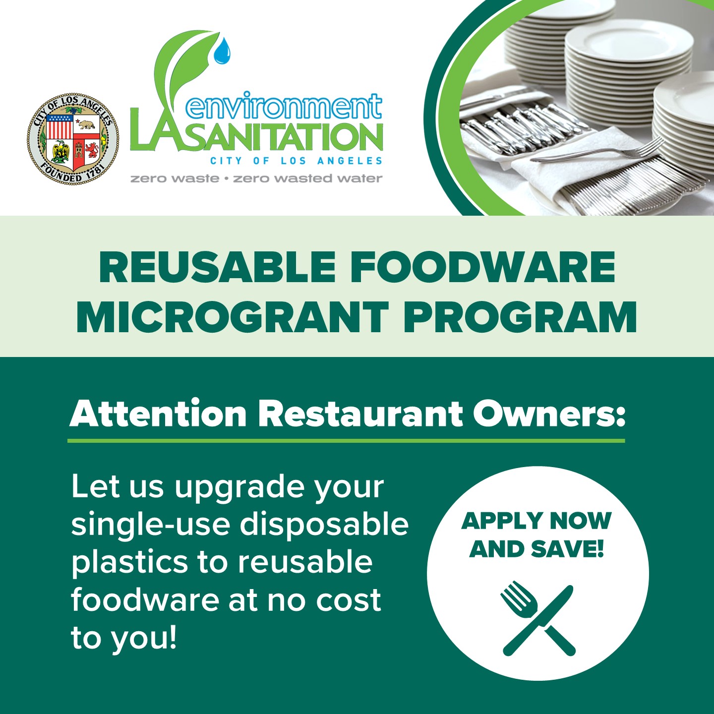 LASAN flyer showcasing reusable plates and silverware, informing restaurant owners of this microgrant program