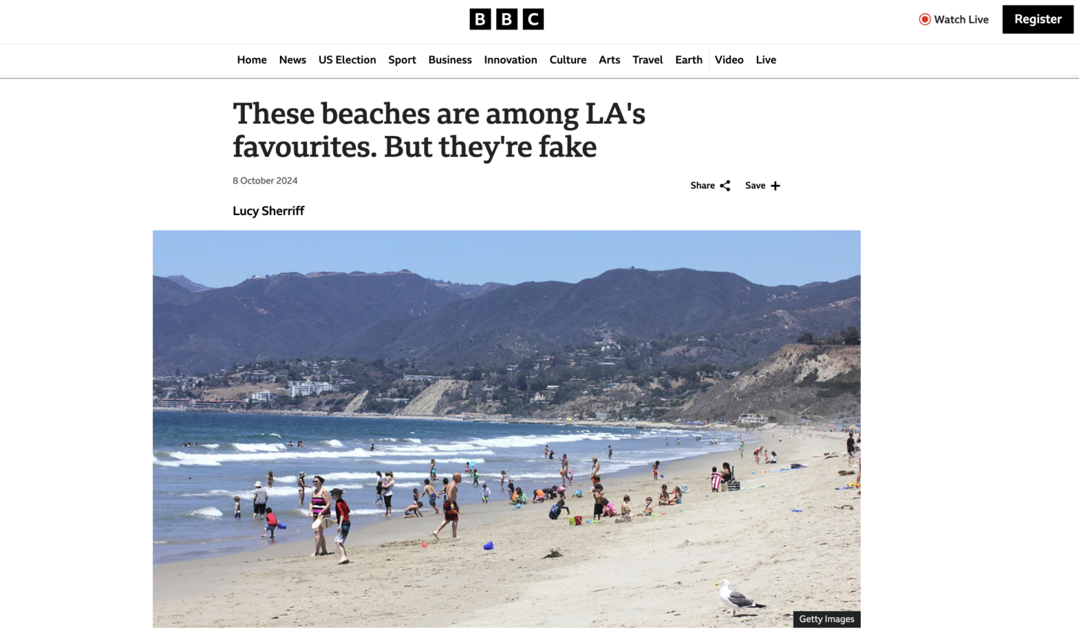 BBC headline above the fold with image of LA beach