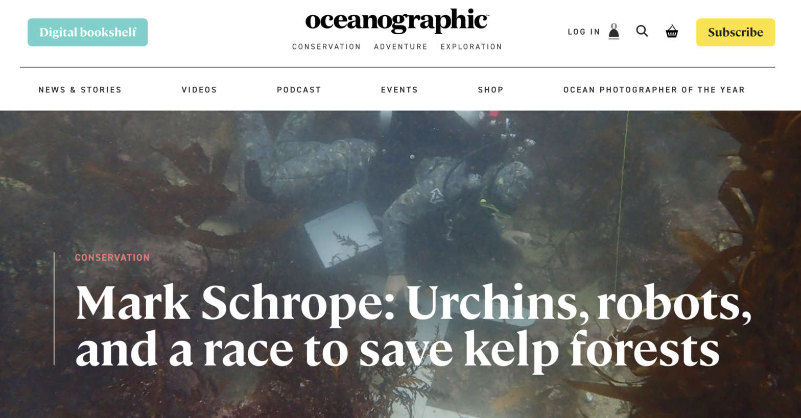 screenshot of oceanographic mag article page with kelp forest in background