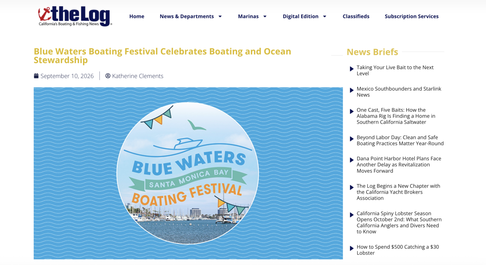 The Log webpage display with blue image and sail boat