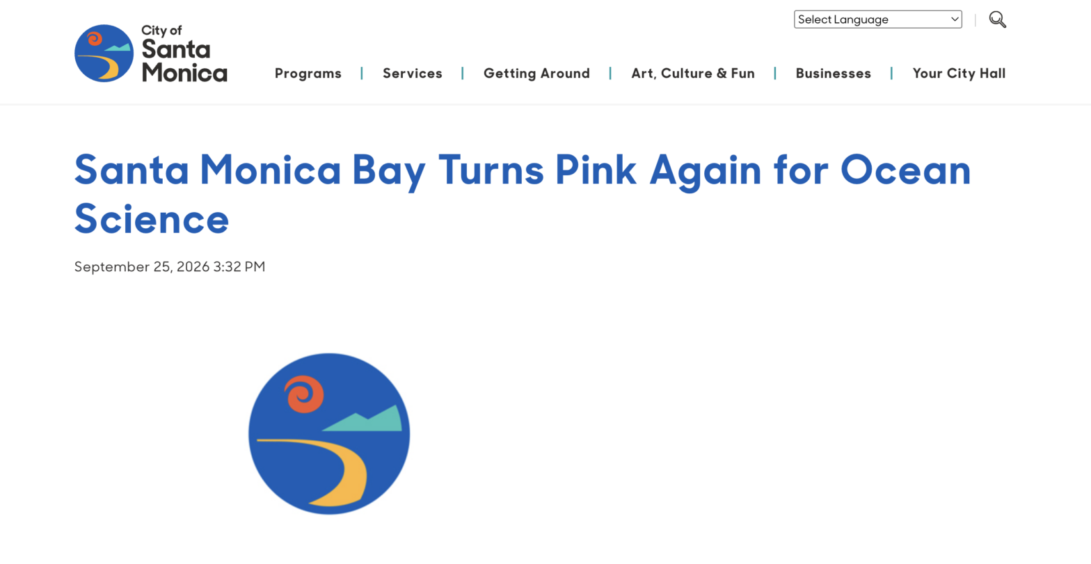 city of Santa Monica website displaying the title o article and their logo blue, coast, with sun