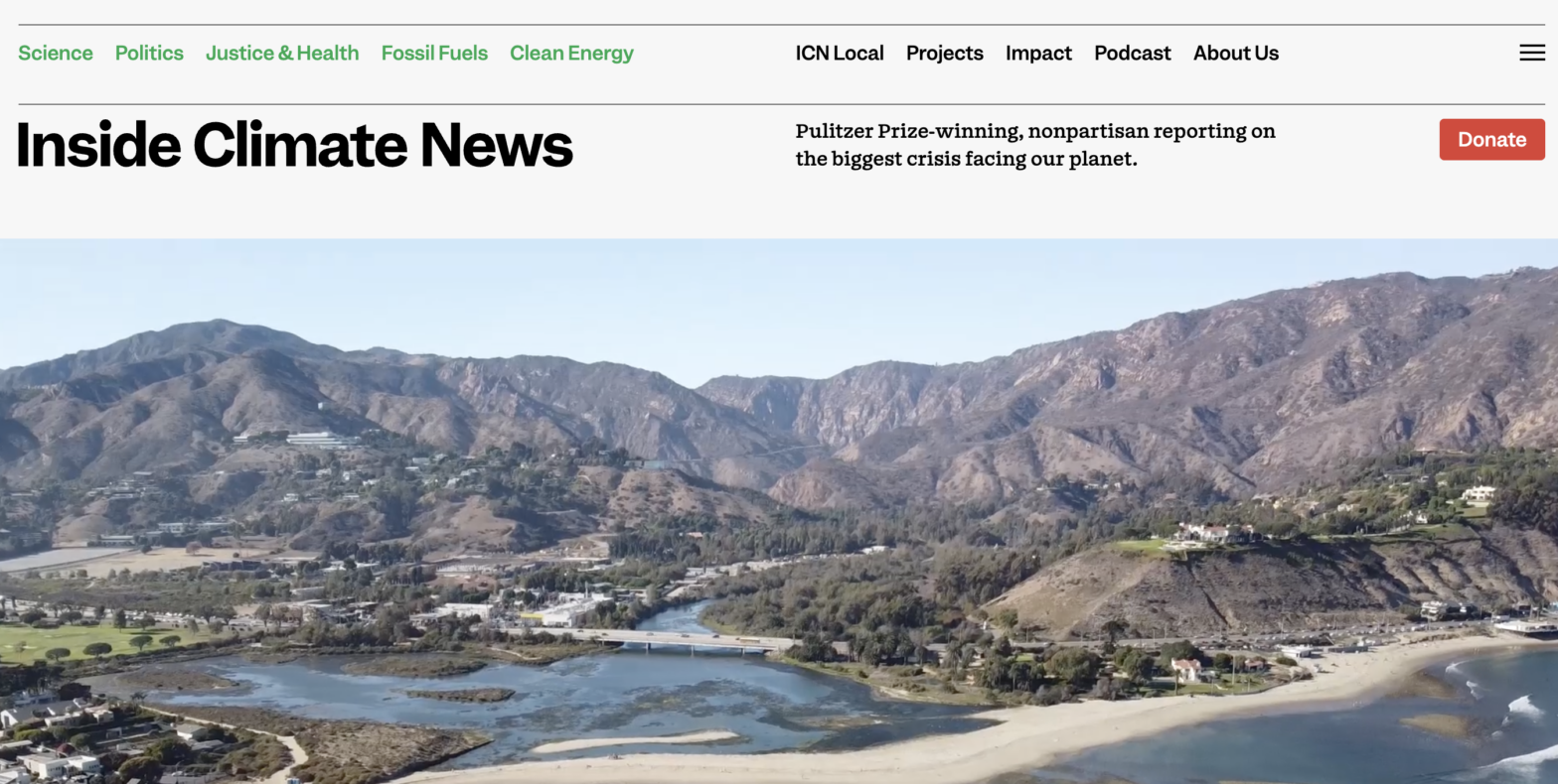 inside climate news above fold page display malibu lagoon and mountains