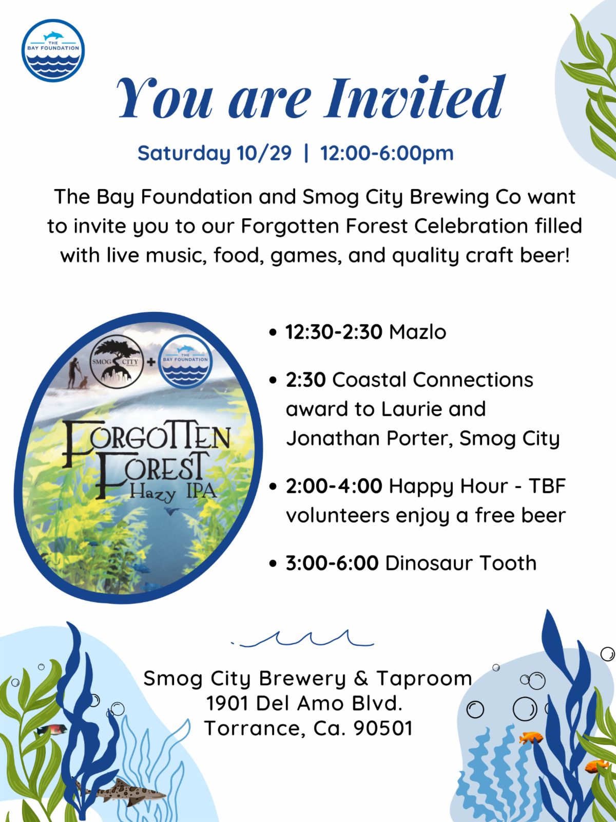 Forgotten Forest Celebration invite with Smog City Brewing Co. and The Bay Foundation